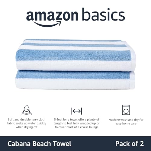 Large 30x60 Cabana Stripe Beach Towels, 100% Cotton, 2-Pack - Sky Blue