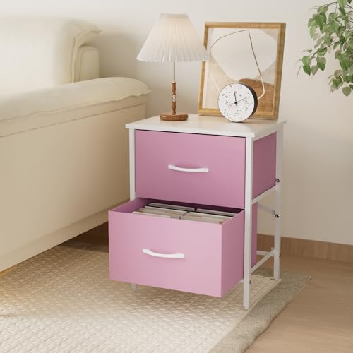 2-Drawer Pink Nightstand with Steel Frame and Wood Top
