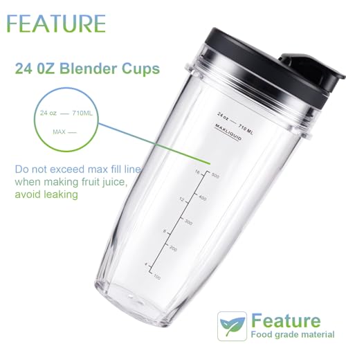 MEET JUICE 24oz Ninja Blender Cup Replacement Pack with Leak-Proof Lids – Compatible with Ninja BN401, BL450, BL456, BL480, BL2012, BN751, BN801, SS101, SS151