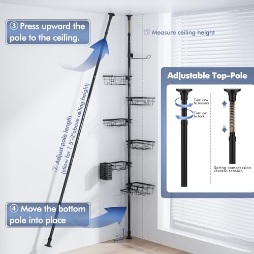 6-Tier Tension Pole Shower Caddy, Adjustable Corner Bathroom Storage Rack