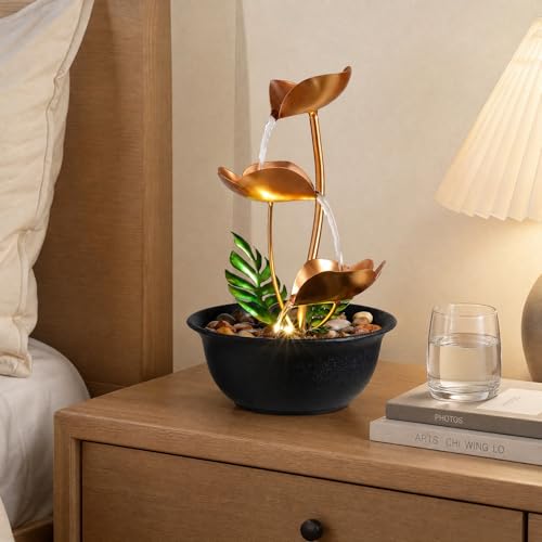 3-Tier Metal Tabletop Water Fountain with LED Light, 11-Inch Zen Decor