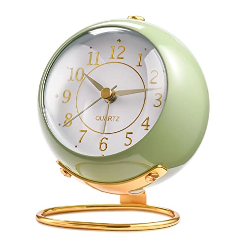 Silent Retro Analog Desk Alarm Clock with Night Light for Bedside - Green