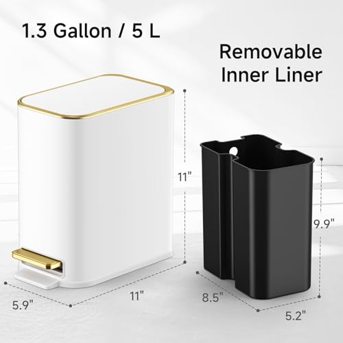 Small Bathroom Trash Can with Lid, 1.3 Gallon Slim Stainless Steel Waste Bin