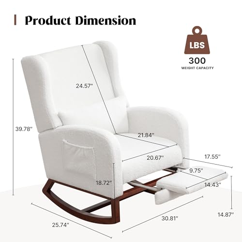 Sherpa Nursery Rocking Chair with Retractable Footrest and Lumbar Pillow