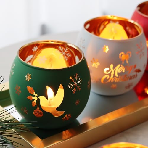 Christmas Glass Votive Candle Holders Set of 6 - Holiday Table Centerpiece