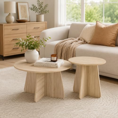 2-Piece Round Nesting Coffee Table Set, Mid-Century Modern Walnut Finish