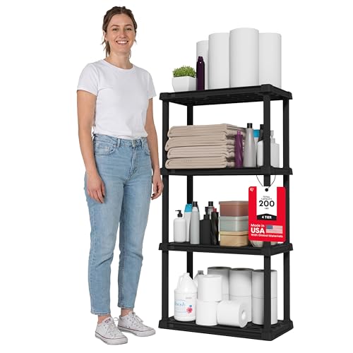 4-Tier Plastic Storage Shelves Black - 48" H Utility Shelving Unit Organizer