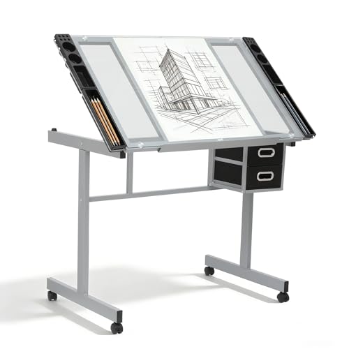 Adjustable Drafting Table with Tilting Glass Top and 2 Drawers