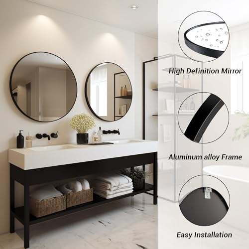 24-Inch Round Wall Mirror with Matte Black Metal Frame for Bathroom