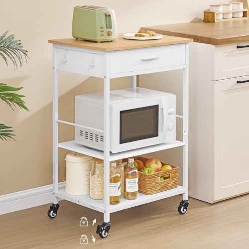 Mobile Kitchen Island Cart with Storage Drawer and Shelves, Oak and White