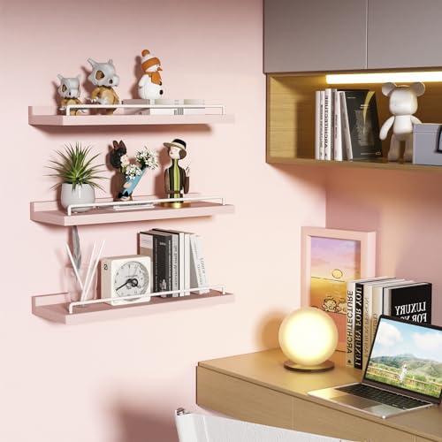 Floating Wall Shelves Set of 3, 16-Inch Paulownia Wood Storage Ledges