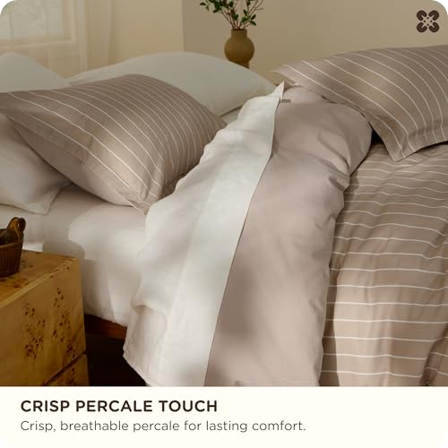 100% Washed Cotton Striped Queen Duvet Cover Set - 3 Pieces, Tan/White