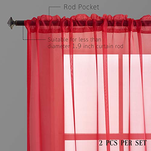 TOAVA DECO Christmas Red 52x45 Clear Rod Pocket Sheer Curtains, 2 Panels