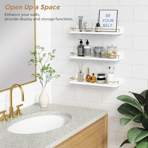 Floating Wall Shelves Set of 3 White and Gold with Guard Rail