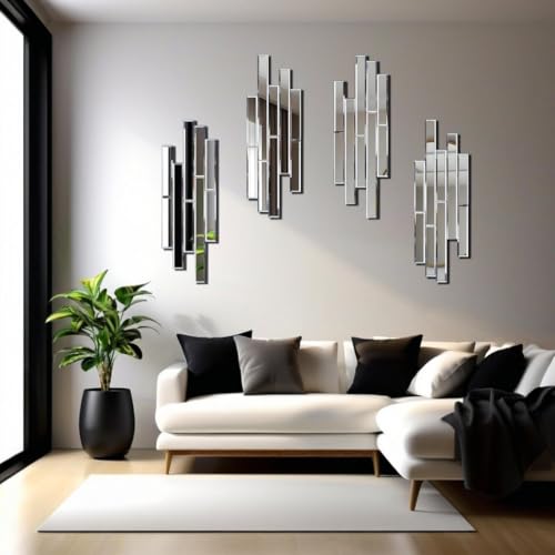 Set of 4 Beveled Wall Mirrors - 24x8 Inch Decorative Silver Glass Panels