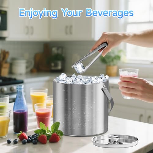 Stainless Steel 3L Double Wall Ice Bucket with Lid, Tongs & Scoop for Cocktails & Party Drinks