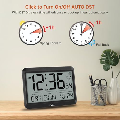 Self-Setting Atomic Digital Wall Clock with Auto DST & Temperature