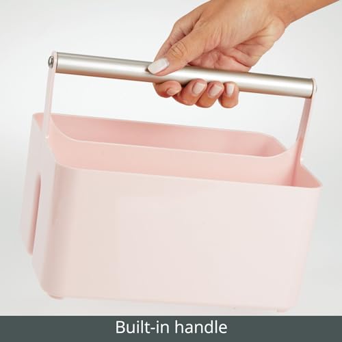 mDesign Under Sink Storage ? Plastic and Metal Bathroom Caddy for Shampoo and Soaps ? Portable Cosmetics Storage Organiser ? Blush/Satin