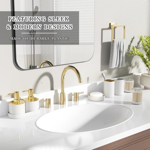 10-Piece Bathroom Accessory Set with Trash Can, White and Gold Organizer