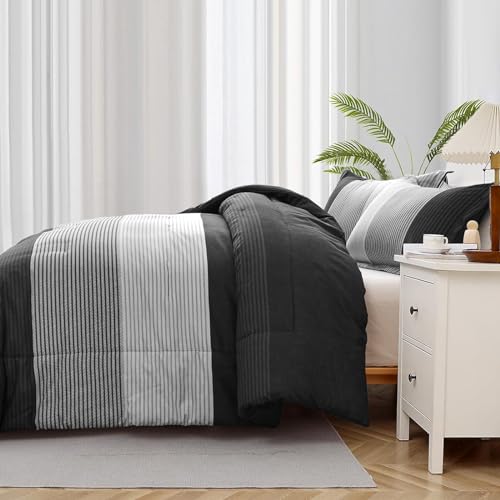 Black Comforter Set Full Size - Reversible Stripe Design, 3 Pieces