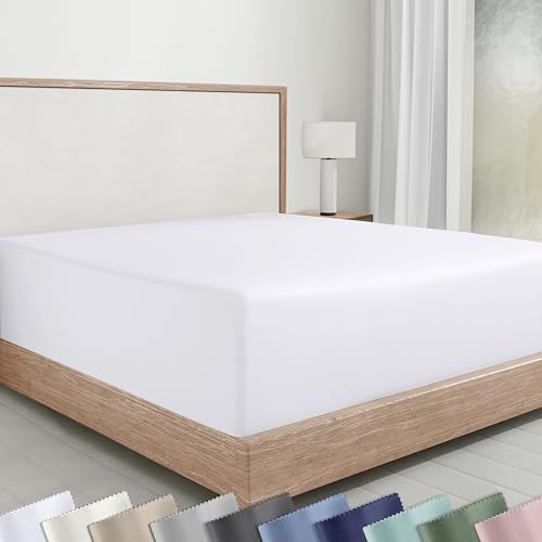 100% Cotton Sateen Queen Fitted Sheet - 14" Deep Pocket, Bright White