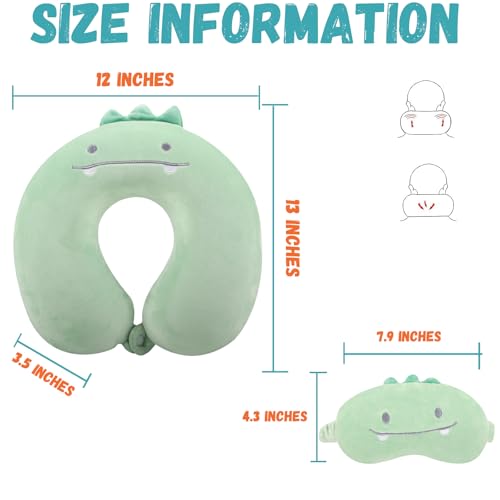 Kids Travel Neck Pillow with Eye Mask - Memory Foam Dinosaur Design