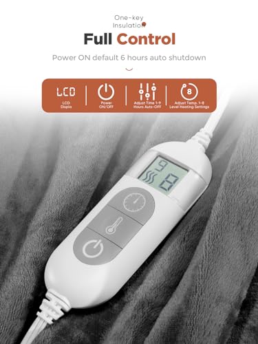 Electric Heated Throw Blanket - Soft Flannel, 8 Heat Levels, 1-9 Hour Timer, Machine Washable
