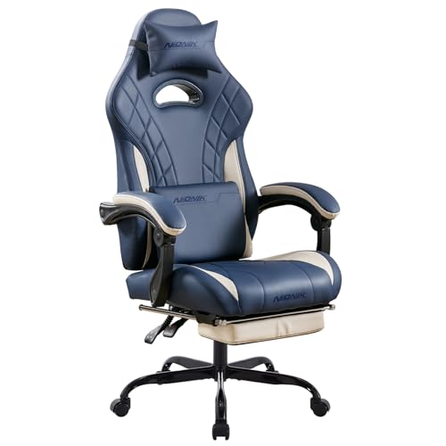 Ergonomic Gaming Chair with Footrest and Massage Lumbar Support - Blue