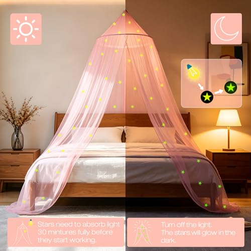 Glow-in-the-Dark Stars Pink Bed Canopy - Princess Netting for Kids Bed