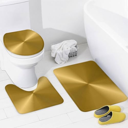 Gold Metallic 4-Piece Bathroom Shower Curtain Set with Non-Slip Rugs