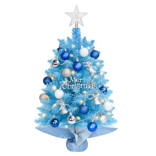 Blue Mini Christmas Tree with Lights - 2 Ft Tabletop Holiday Decor, HOMDAILY