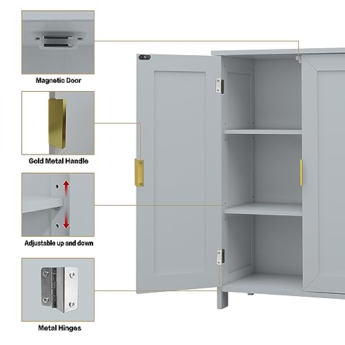 Grey Freestanding Bathroom Storage Cabinet with 2 Doors and Adjustable Shelves