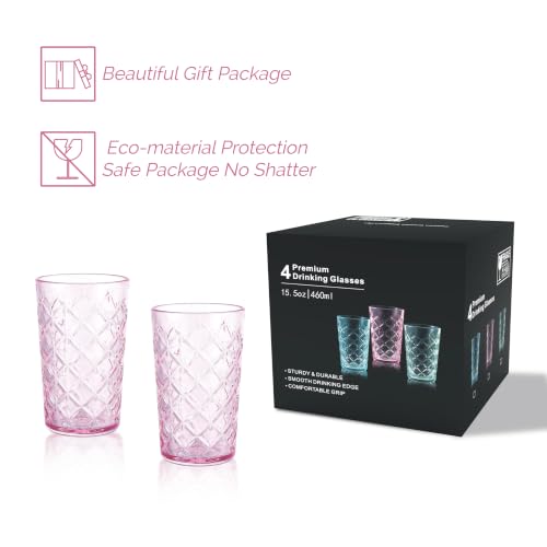 Pink Vintage Cross Hatch Highball Glass Set of 4, 15.5oz Drinking Water & Cocktail Glasses