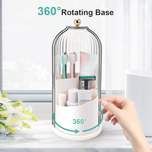 Rotating Toothbrush Holder with Sliding Lid, 3-Slot Bathroom Organizer