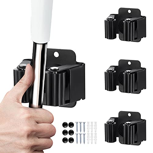 Matte Black 3-Piece Broom and Mop Holder - Heavy Duty Wall Organizer for Garden Tools