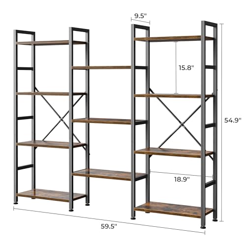 4-Tier Wide Triple Bookshelf with 11 Adjustable Open Display Shelves