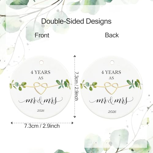 4th Anniversary Ornament - 2.9" White Ceramic Hanging Ornament for 4 Year Anniversary