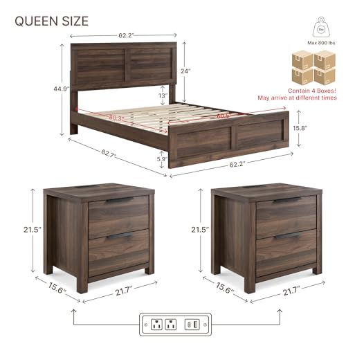 3-Piece Queen Bedroom Set: Wood Platform Bed Frame & 2 Charging Nightstands