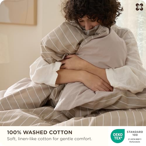 100% Washed Cotton Striped Queen Duvet Cover Set - 3 Pieces, Tan/White