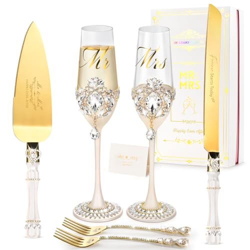 Gold Petal Rhinestone Wedding Cake Cutting Set with Champagne Flutes - BEKESIN