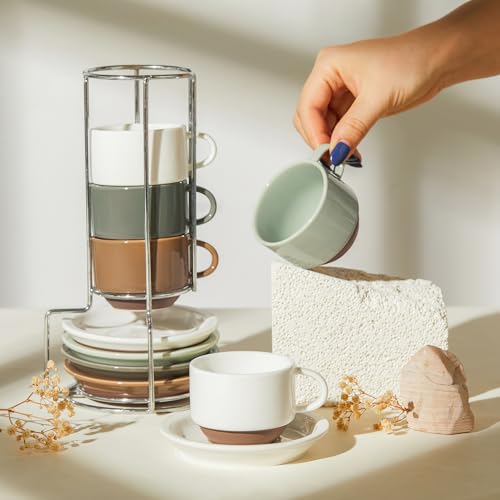 Sweese 2.5oz Espresso Cups Set of 4 with Saucers & Metal Stackable Stand - Earthy Spectrum