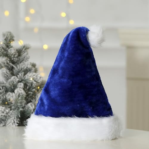 Blue Santa Hat for Women & Men Velvet Plush Xmas Hat - Unisex Holiday Party