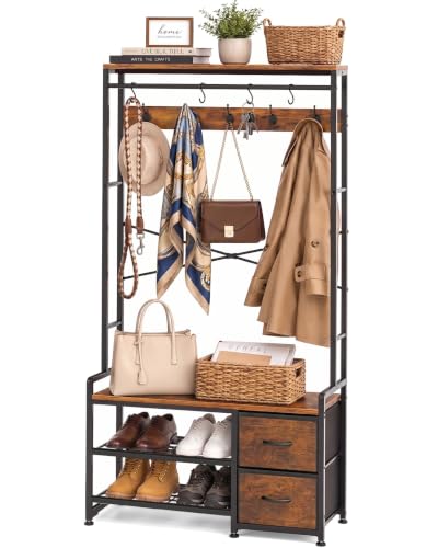 5-in-1 Industrial Hall Tree with Bench, Shoe Storage, and 2 Fabric Drawers