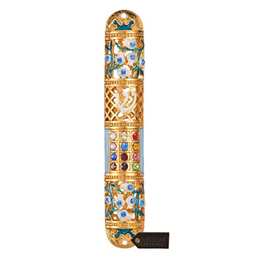 Decorative Enamel Mezuzah Case with Crystals and Gold Accents
