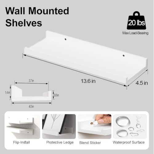 White Floating Shelves with Lip Set of 2 - 14-Inch Picture Ledge Wall Shelves