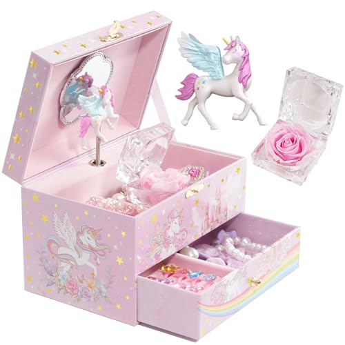 Unicorn Jewelry Box for Kids with Musical Movement and Storage Drawer