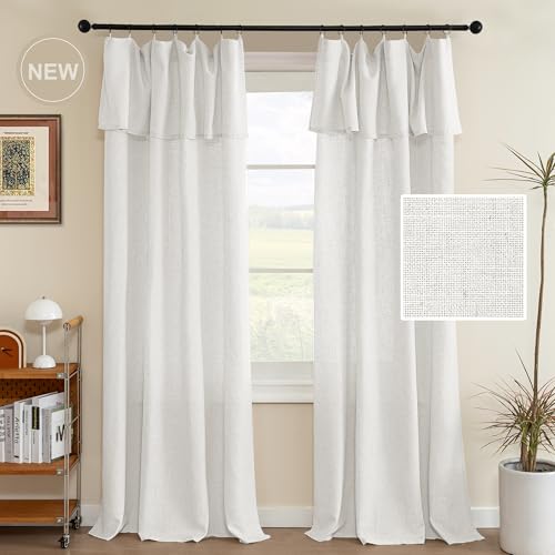 H.VERSAILTEX Linen Curtains with Valance 108 Inch Length for Living Room Boho Window Curtain, Drapes 2 Panels Set for Farmhouse Treatments Rod Pocket/Ring Top for Bedroom 52 x 108 Inch, Natural White