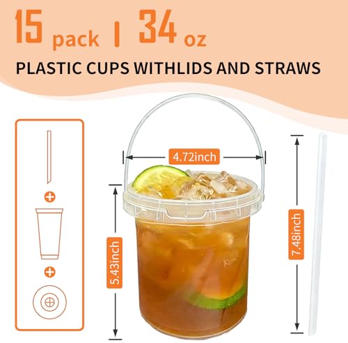 15-Pack 34oz Plastic Cups with Lids & Straws - Disposable Buckets for Drinks, Summer Parties