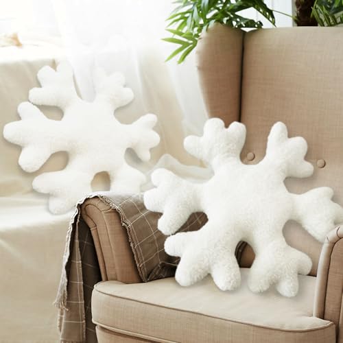 Christmas Snowflake Throw Pillows 2-Pack 15.7in White Faux Fur Plush