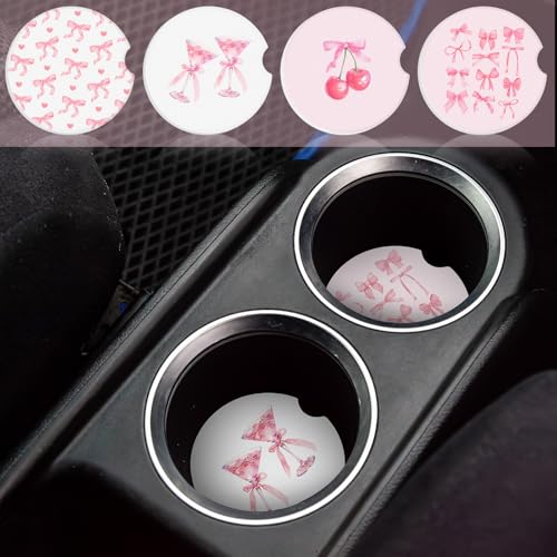 4 Pcs Pink Bow Car Coasters for Cup Holders - 2.56" Absorbent Ceramic, Boao (Pink Bow Variation)